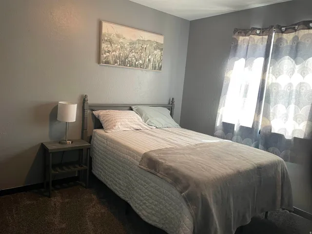 Carpeted room featuring a window with patterned curtains, neutral wall paint, and a built-in closet
