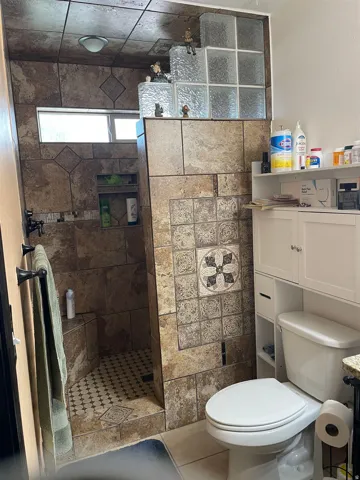 Tiled shower enclosure with built-in shelving, patterned floor tiles, and a privacy window