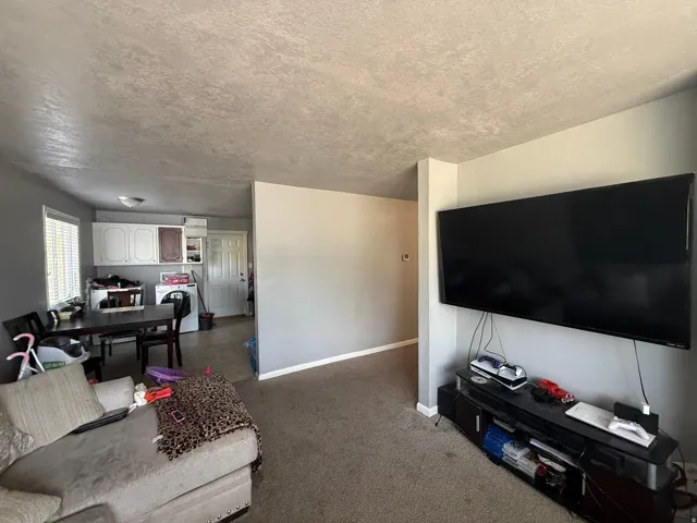 Living area with light gray wall paint and textured ceiling