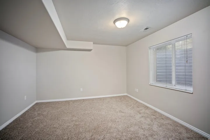 Recessed window with blinds, overhead lighting, and wall-to-wall carpeting