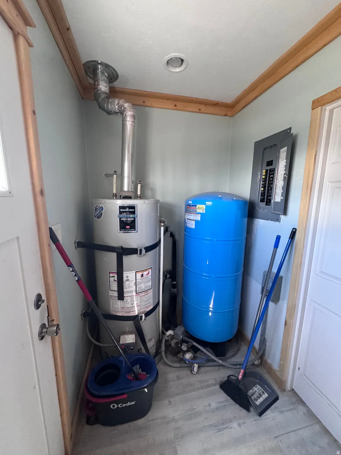 Utility area featuring a water heater, pressure tank, and electrical panel