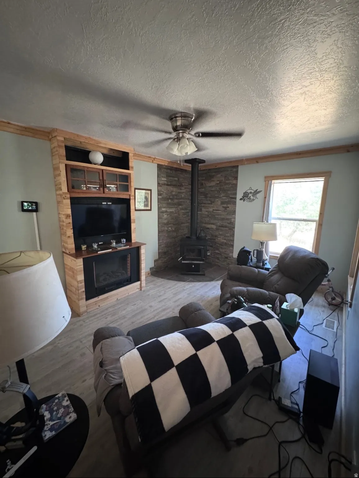 Living area featuring wood-finish flooring and a ceiling fan