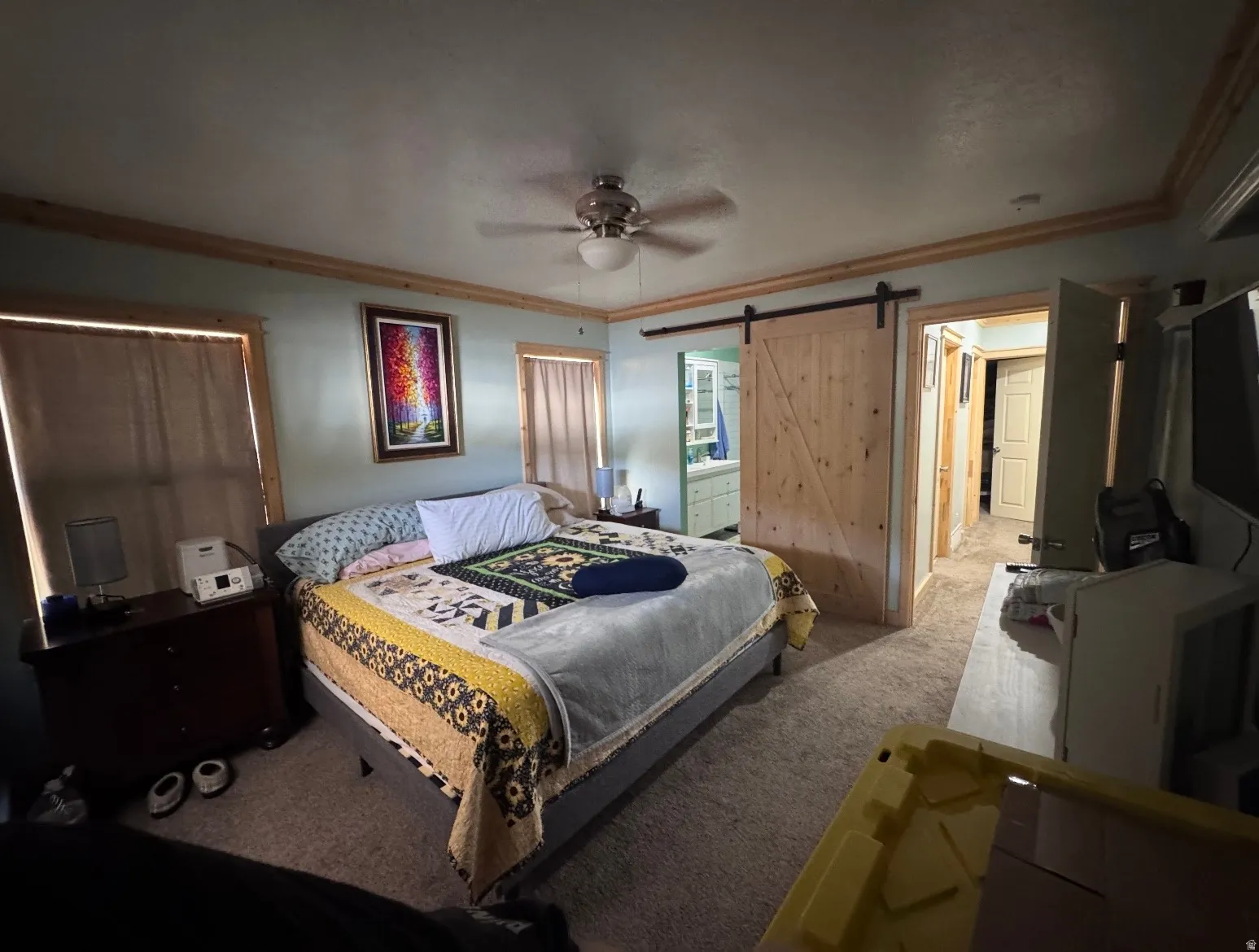 Spacious room featuring carpet flooring and light blue walls with wood trim