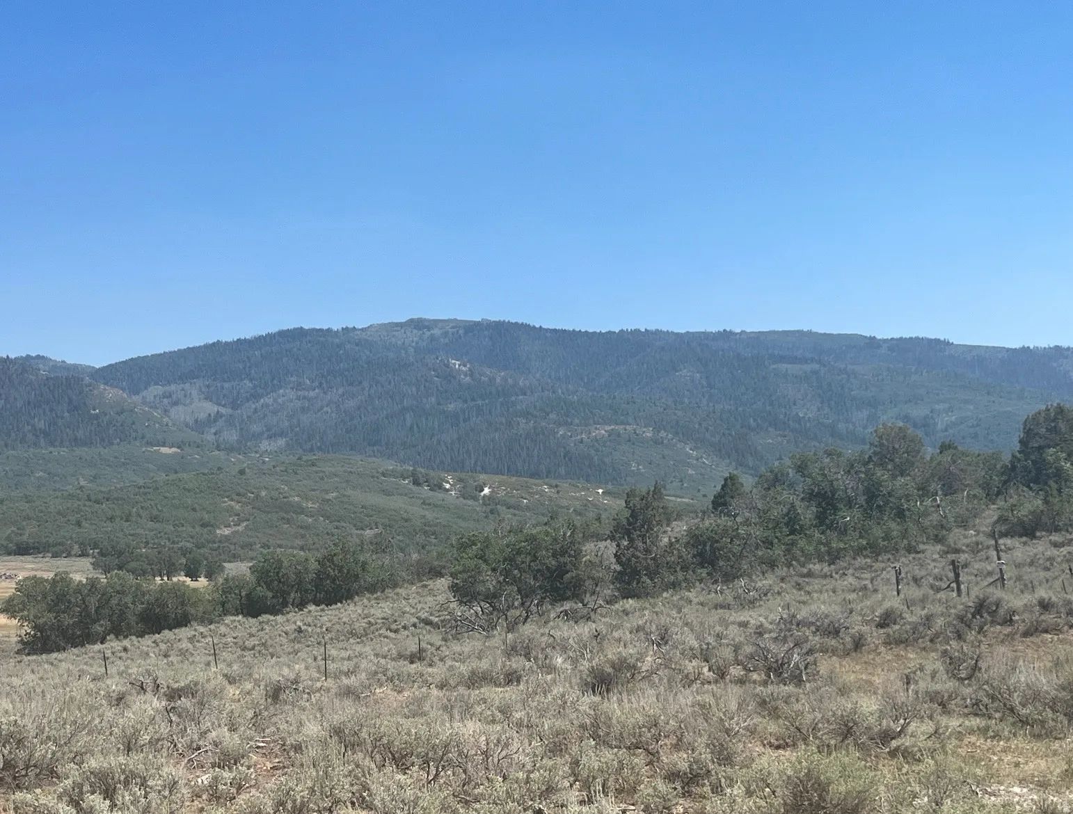 Expansive landscape featuring rolling hills and distant mountains under a clear sky