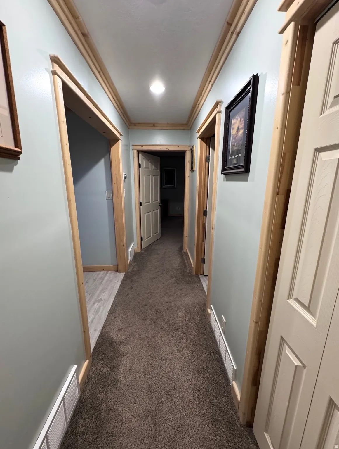 Hallway featuring neutral wall finishes, warm wood-tone trim, recessed ceiling lighting, and durable carpet flooring throughout