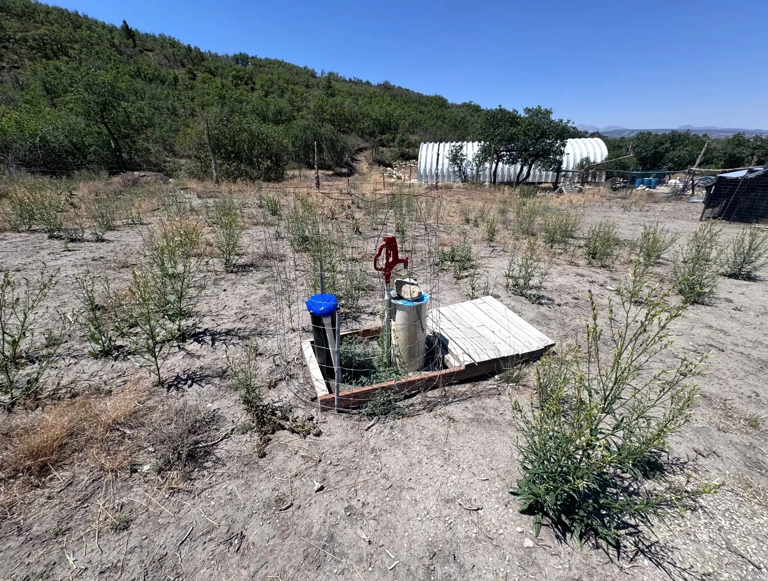 Expansive undeveloped land featuring a red hand pump, a wellhead with a blue cap, and a wooden cover