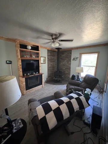 Living area featuring wood-finish flooring and a ceiling fan
