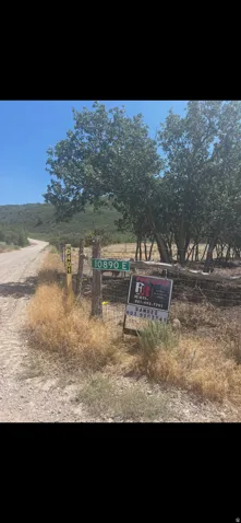 Property entry featuring a gravel road, mature deciduous trees, a wire fence, and a distant tree-lined hillside