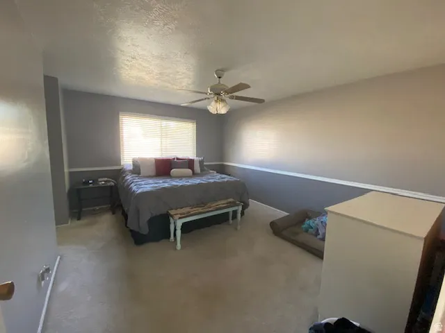 Spacious bedroom featuring neutral carpeting, a large window with blinds, a ceiling fan with integrated lighting, and crown molding detailing
