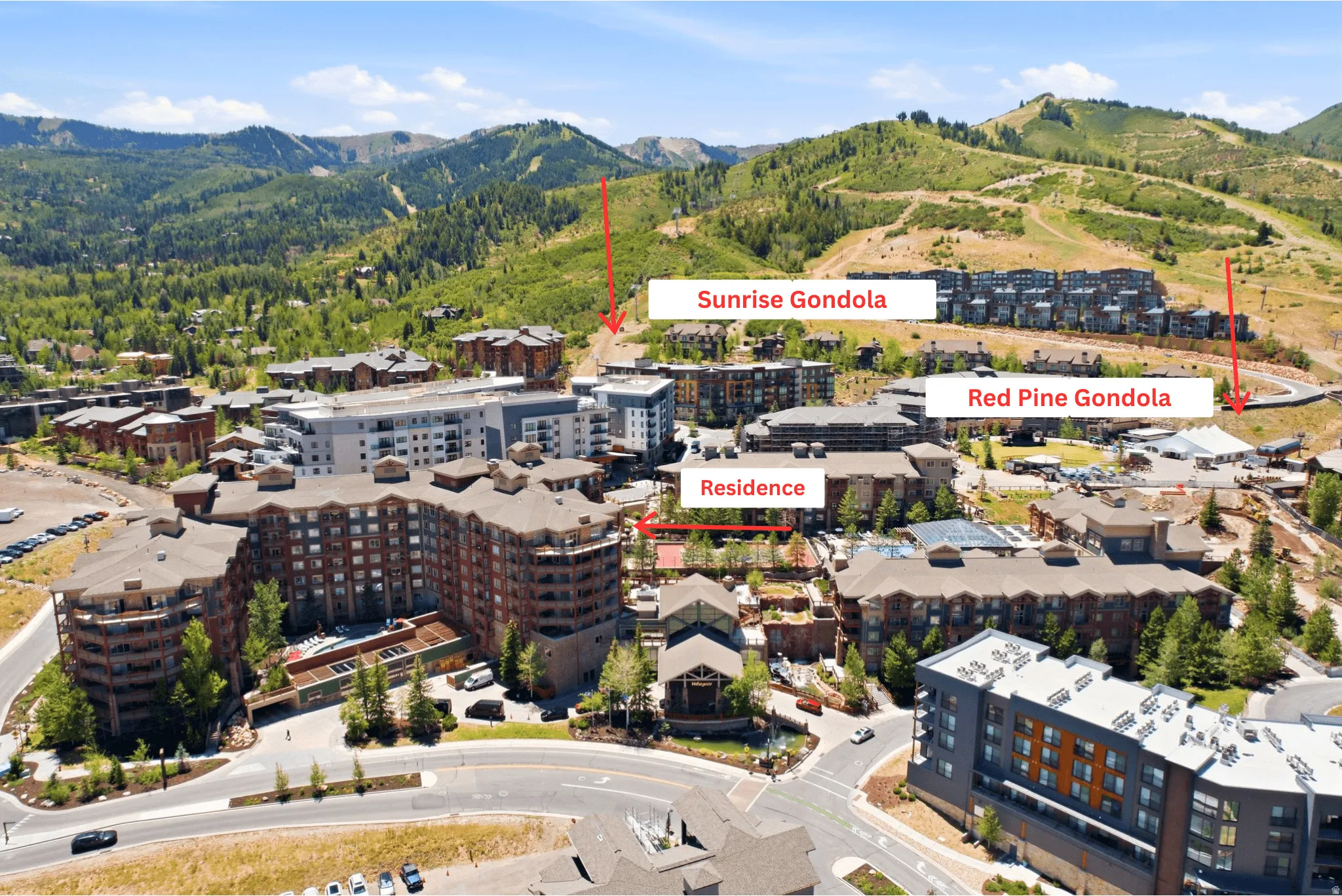 Aerial perspective showcasing a mountain community with multiple residential structures