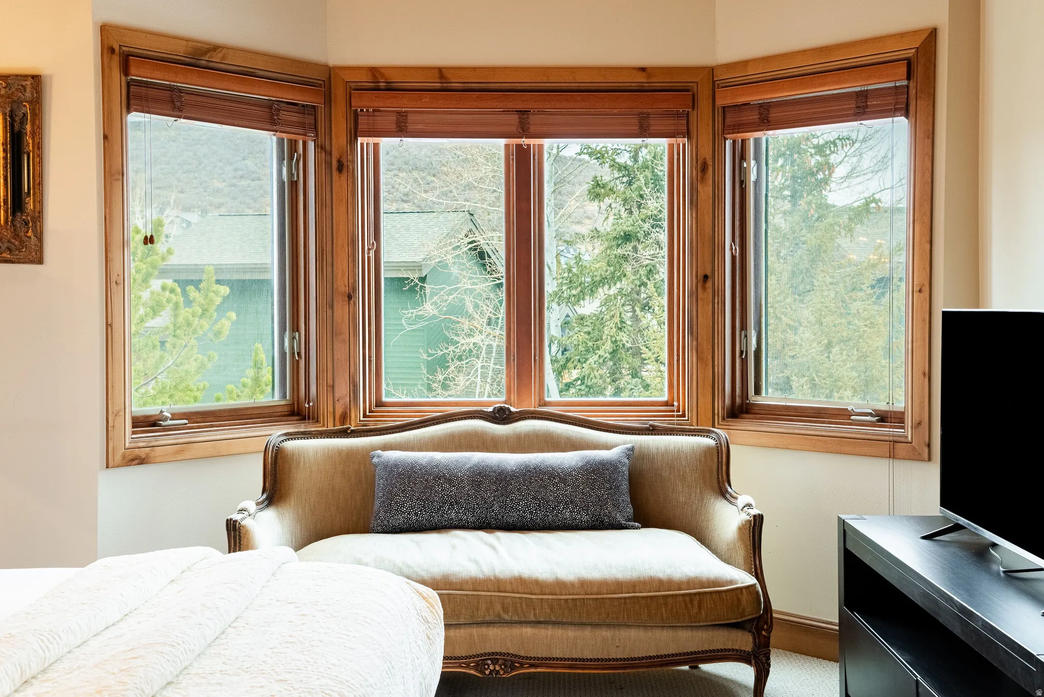 Bay window featuring natural wood trim and individual window treatments