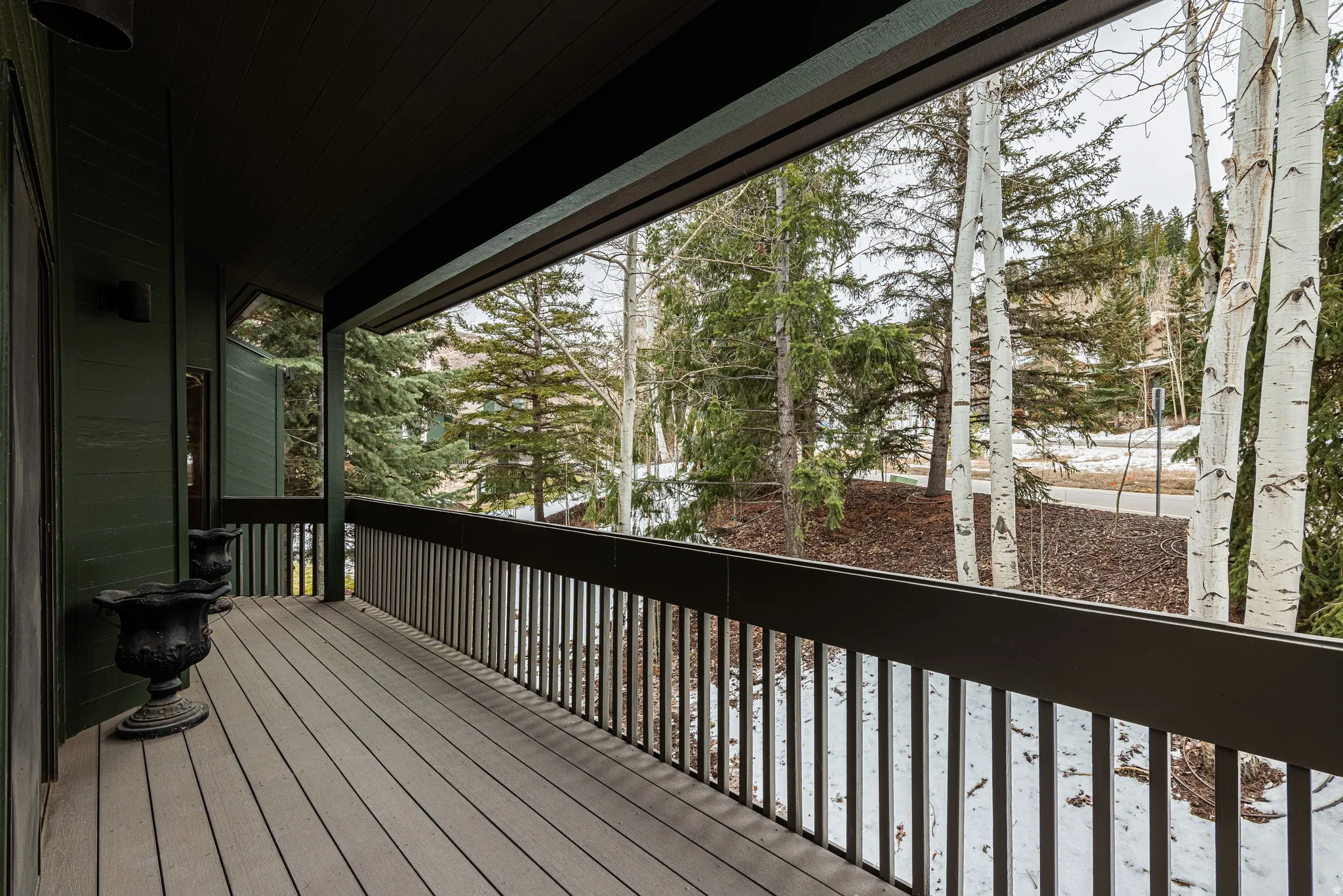 Spacious outdoor deck with composite decking and dark railings
