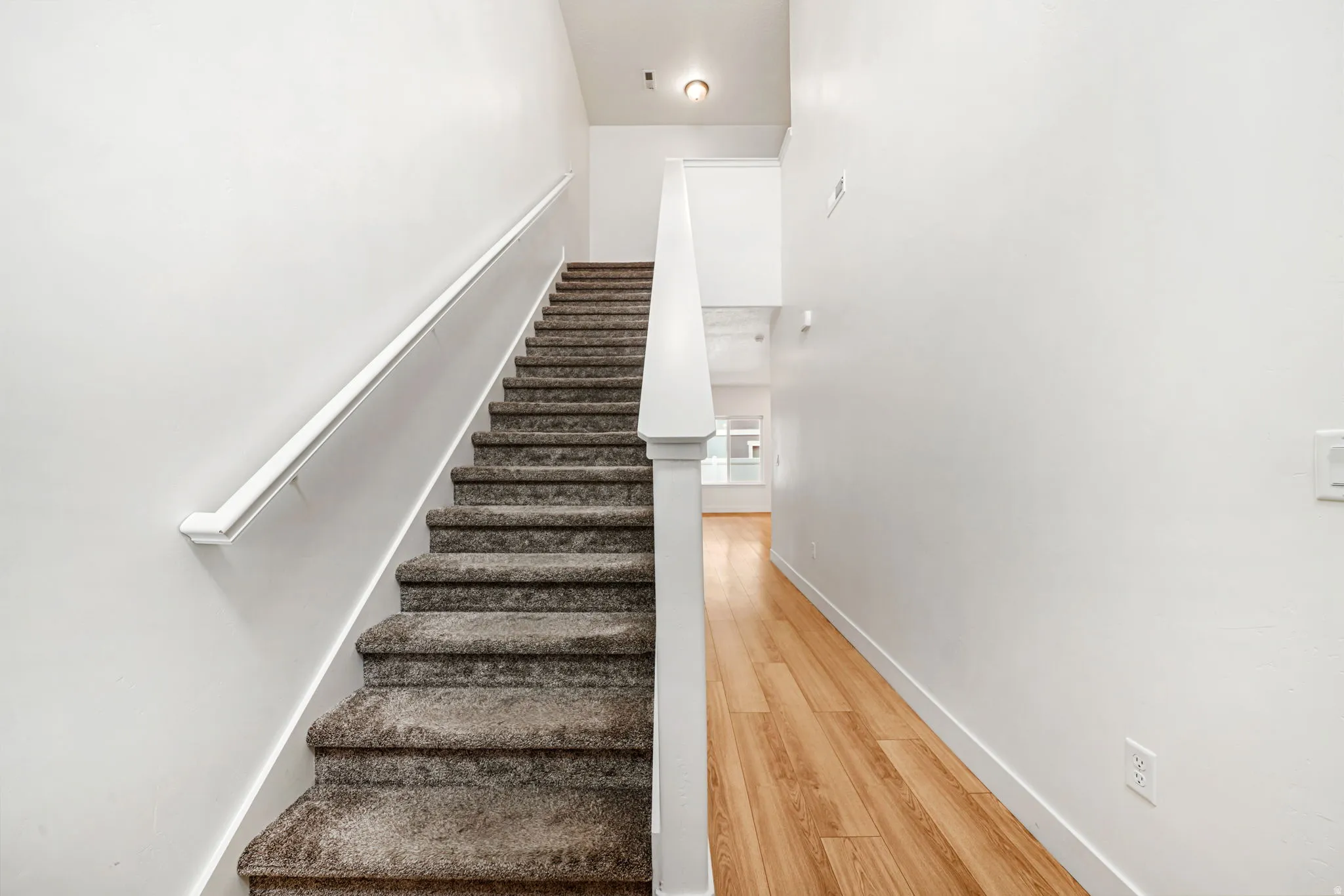 Carpeted staircase with white handrail and balusters, accompanied by wood-finish flooring in the hallway