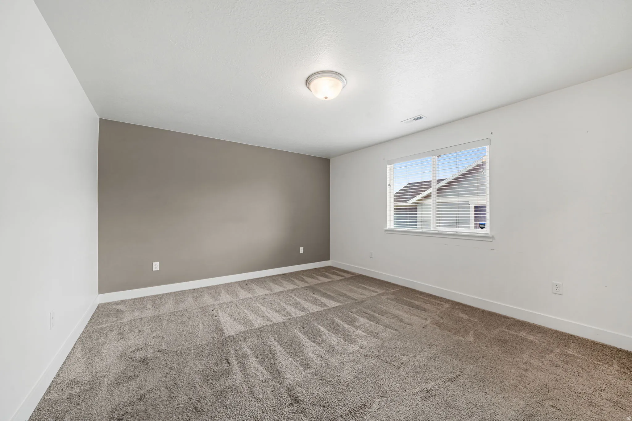 Carpeted room featuring a single window with blinds, a ceiling-mounted light fixture, and two-tone wall finishes