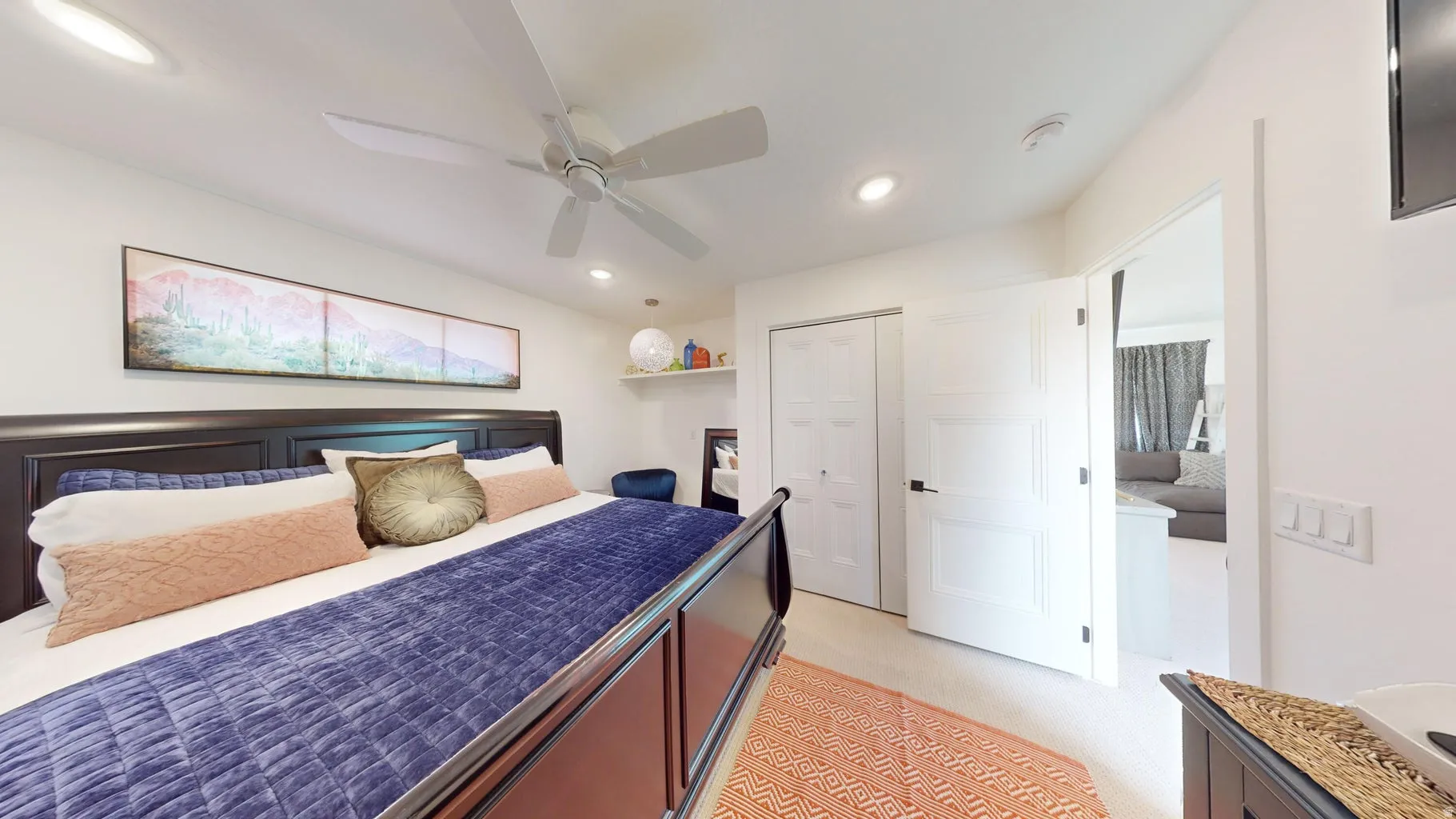 Bedroom featuring a ceiling fan, recessed lighting, white walls, and wood-finish flooring