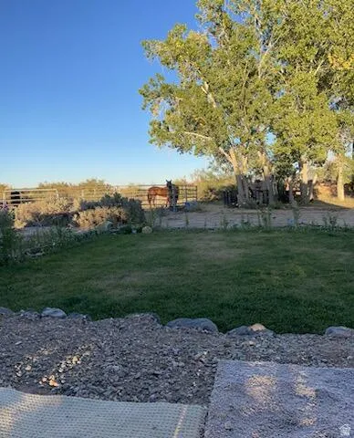 Expansive outdoor space featuring a manicured lawn, mature trees, and a perimeter fence