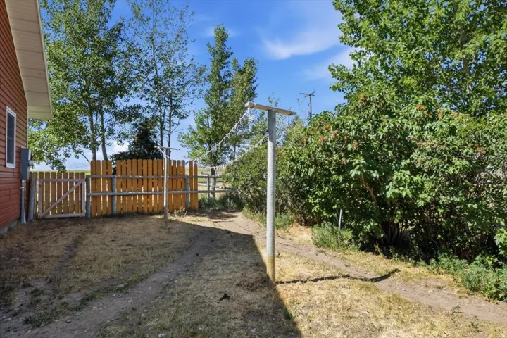 Fenced yard with a wooden gate, mature trees, and a red-sided structure