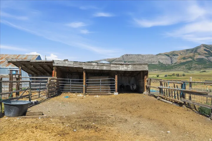 Spacious outdoor animal enclosure featuring wooden fencing and a large shelter with a corrugated metal roof