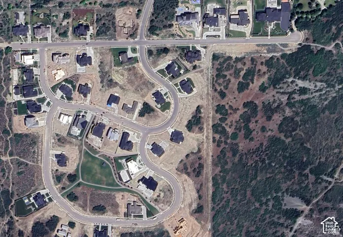 Aerial View of Residential Development. Illustrating a suburban area with multiple properties and surrounding undeveloped land