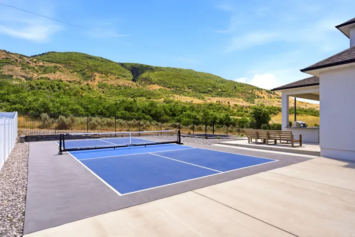 Private pickleball court featuring a blue playing surface with white boundary lines, a black net, and surrounding concrete paving