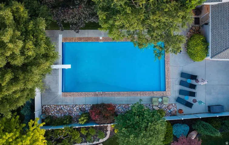 Rectangular swimming pool with a diving board, surrounded by concrete decking and mature trees