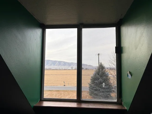 Double-paned window with mountain and field scenery