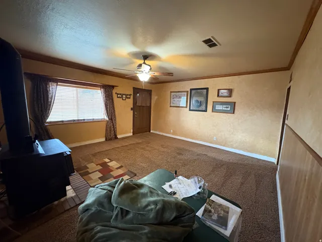 Spacious living area featuring a built-in wood-burning stove with brick hearth, wall-to-wall carpeting, wood-paneled accent wall, wood trim, and ceiling fan