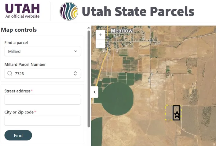 Utah State Parcels portal. Displaying parcel search functionality and a mapped property location