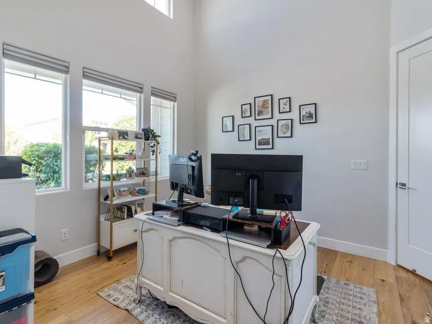 Room featuring high ceilings, light wood-finish flooring, and multiple windows with roller shades