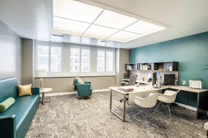 Open workspace featuring broad windows with plantation shutters, a large recessed ceiling light fixture, built-in shelving, and carpet flooring