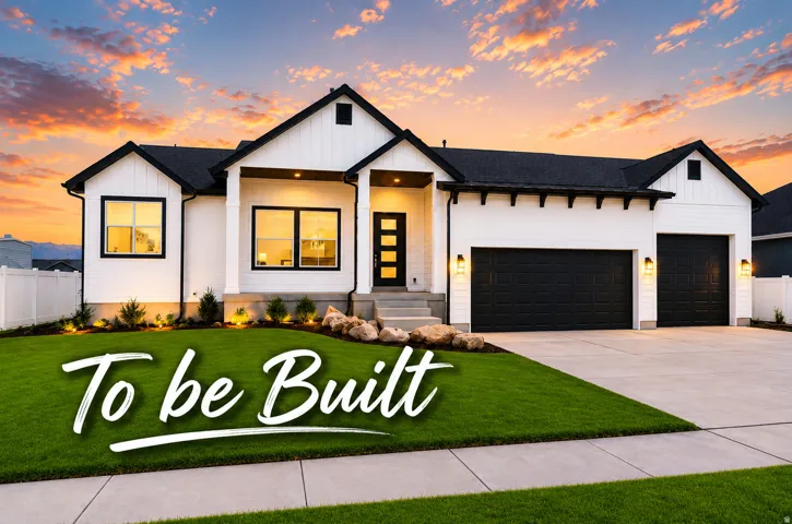 Modern farmhouse exterior featuring white siding, black-framed windows, a dark shingle roof, and a two-car garage