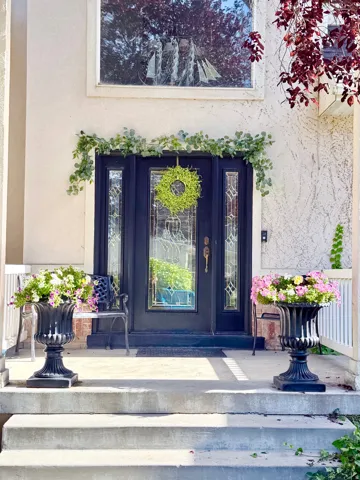 Entryway featuring a dark paneled door with decorative glass inserts, surrounded by textured light-colored stucco