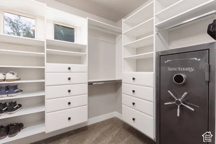 Custom closet system featuring extensive shelving, multiple hanging sections, built-in drawers with dark hardware, and natural light from transom windows