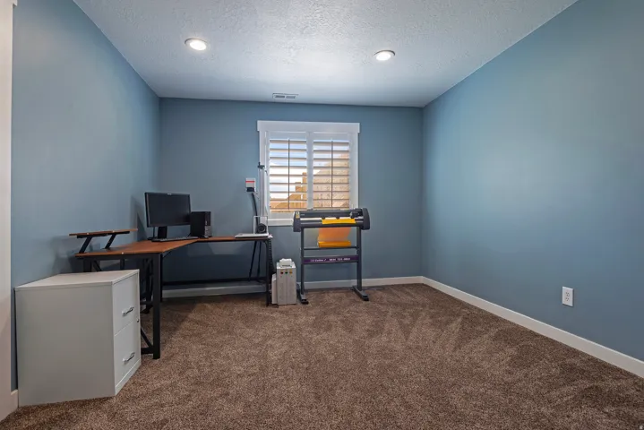 Carpeted room featuring blue walls and a window with plantation shutters