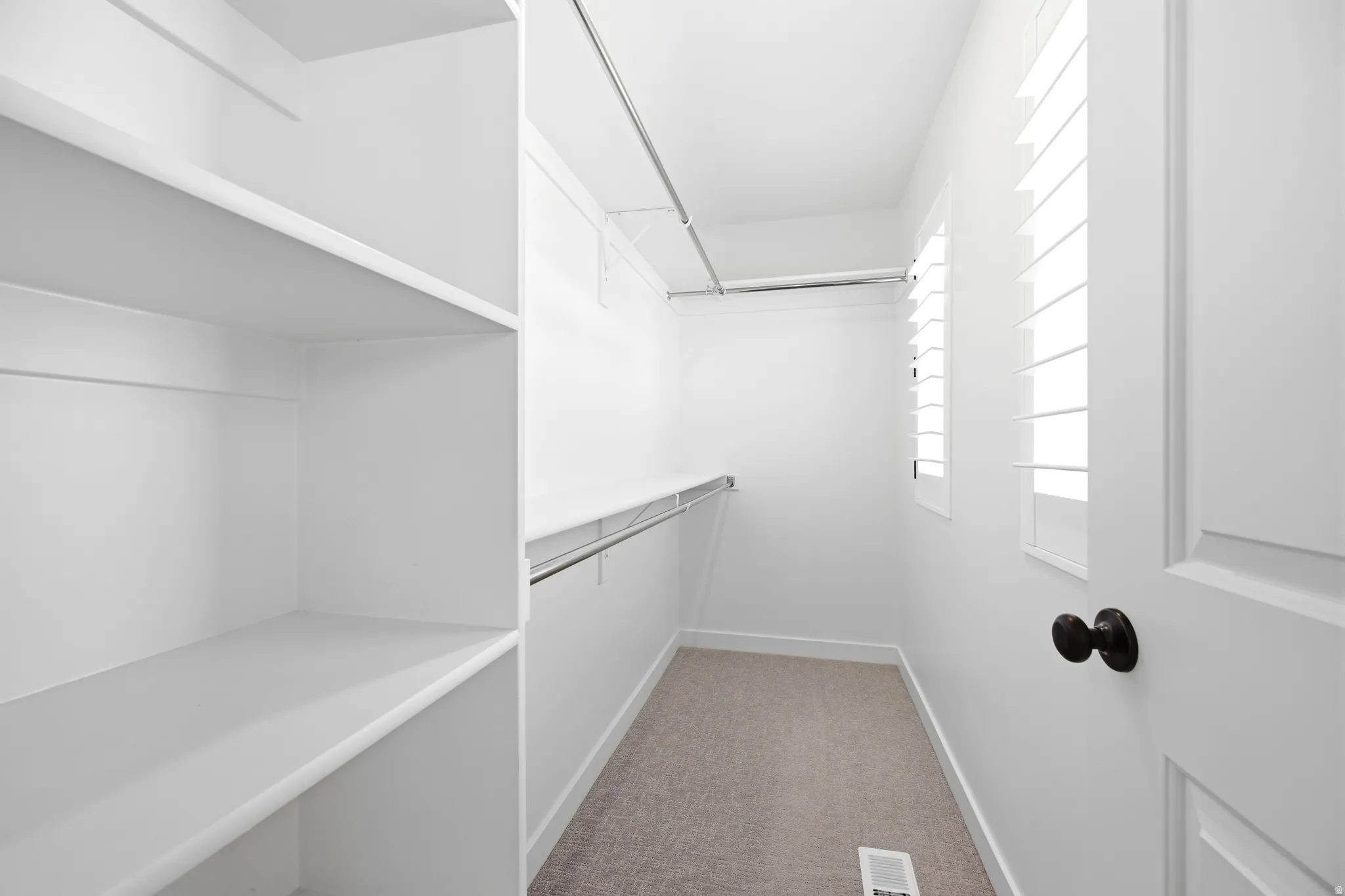 Walk-in closet featuring white built-in shelving, hanging rods, two windows with louvered shutters, and carpet flooring
