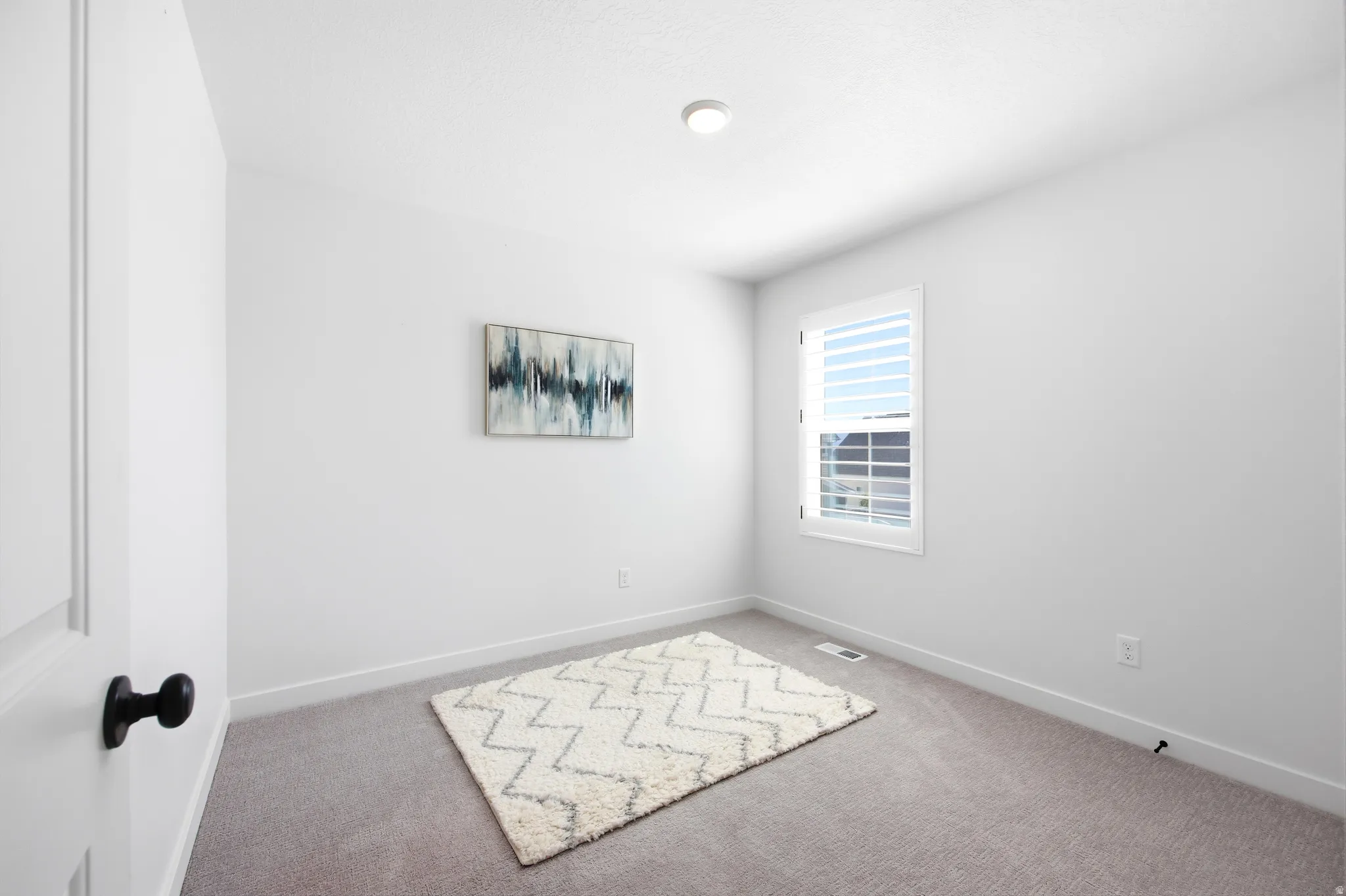 Room featuring light gray carpet, white painted walls, and a white interior door with a matte black knob