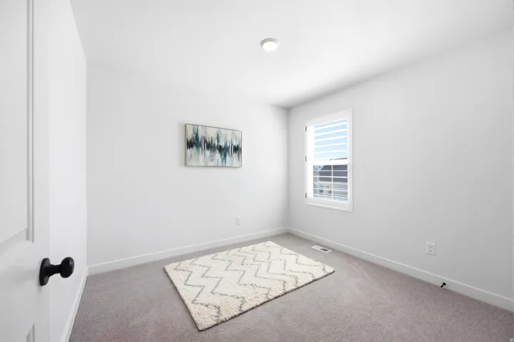 Room featuring light gray carpet, white painted walls, and a white interior door with a matte black knob