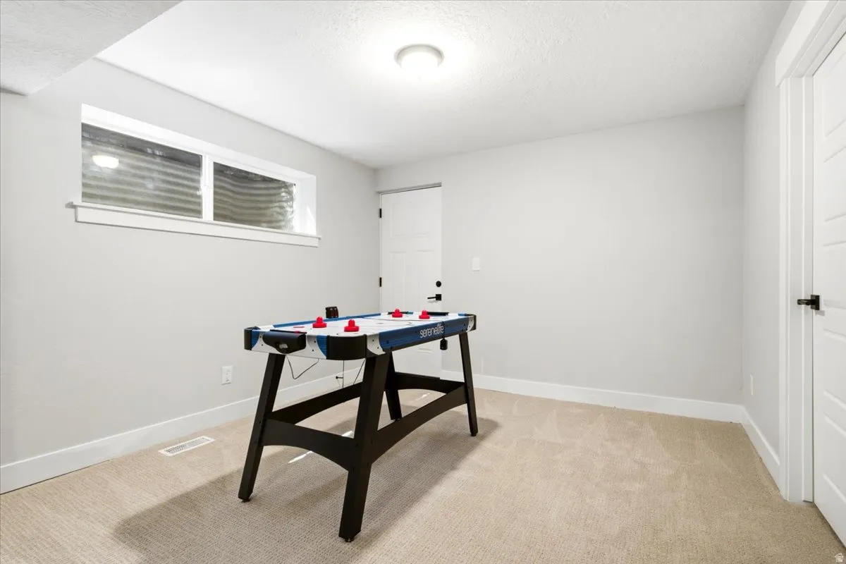 Carpeted bonus room featuring a window with a well, recessed lighting, and a paneled door with matte black hardware