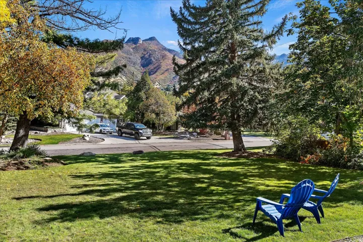 Manicured lawn area with mature trees and mountain backdrop