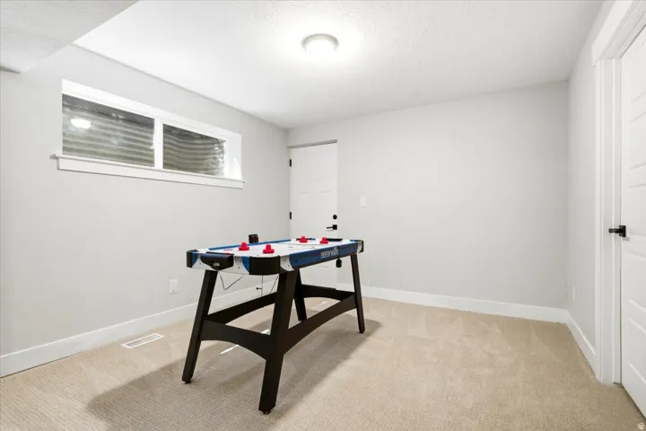 Carpeted bonus room featuring a window with a well, recessed lighting, and a paneled door with matte black hardware