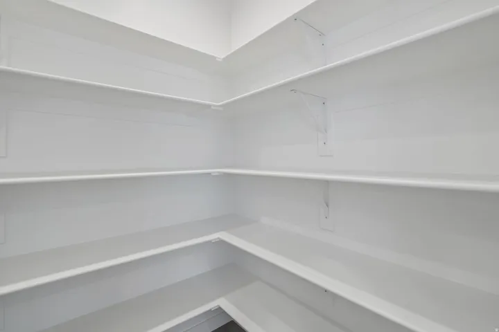Expansive pantry featuring tiered shelving and bright white finishes