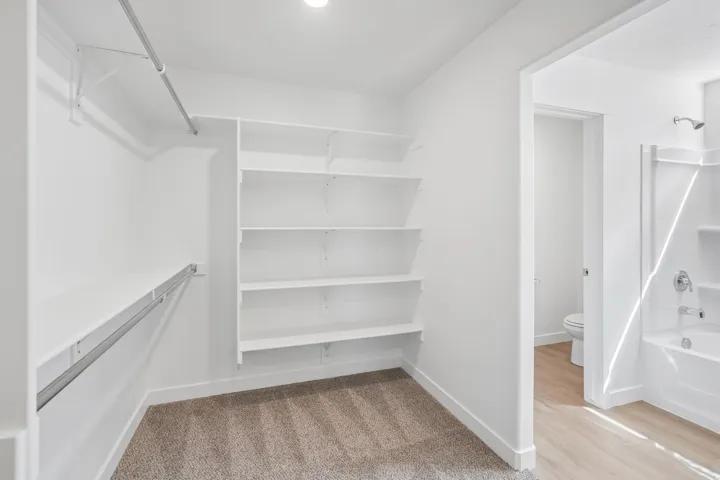 Walk-in closet with built-in shelving and hanging rods