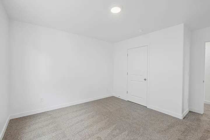 Neutral wall paint, recessed ceiling lighting, light gray carpet, white trim, and a white two-panel interior door