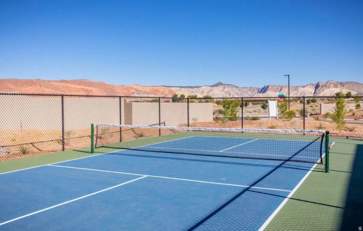 Outdoor recreational court with a blue playing surface and green boundary