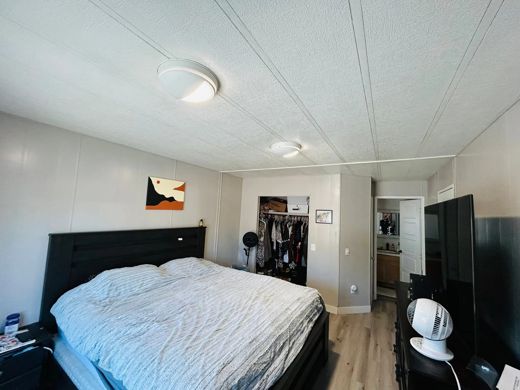 Bedroom featuring wood-finish flooring, recessed closet, and an attached bathroom with a vanity and mirror