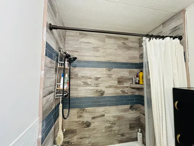 Shower enclosure featuring wood-look tile with decorative blue subway tile bands and a built-in corner shelf