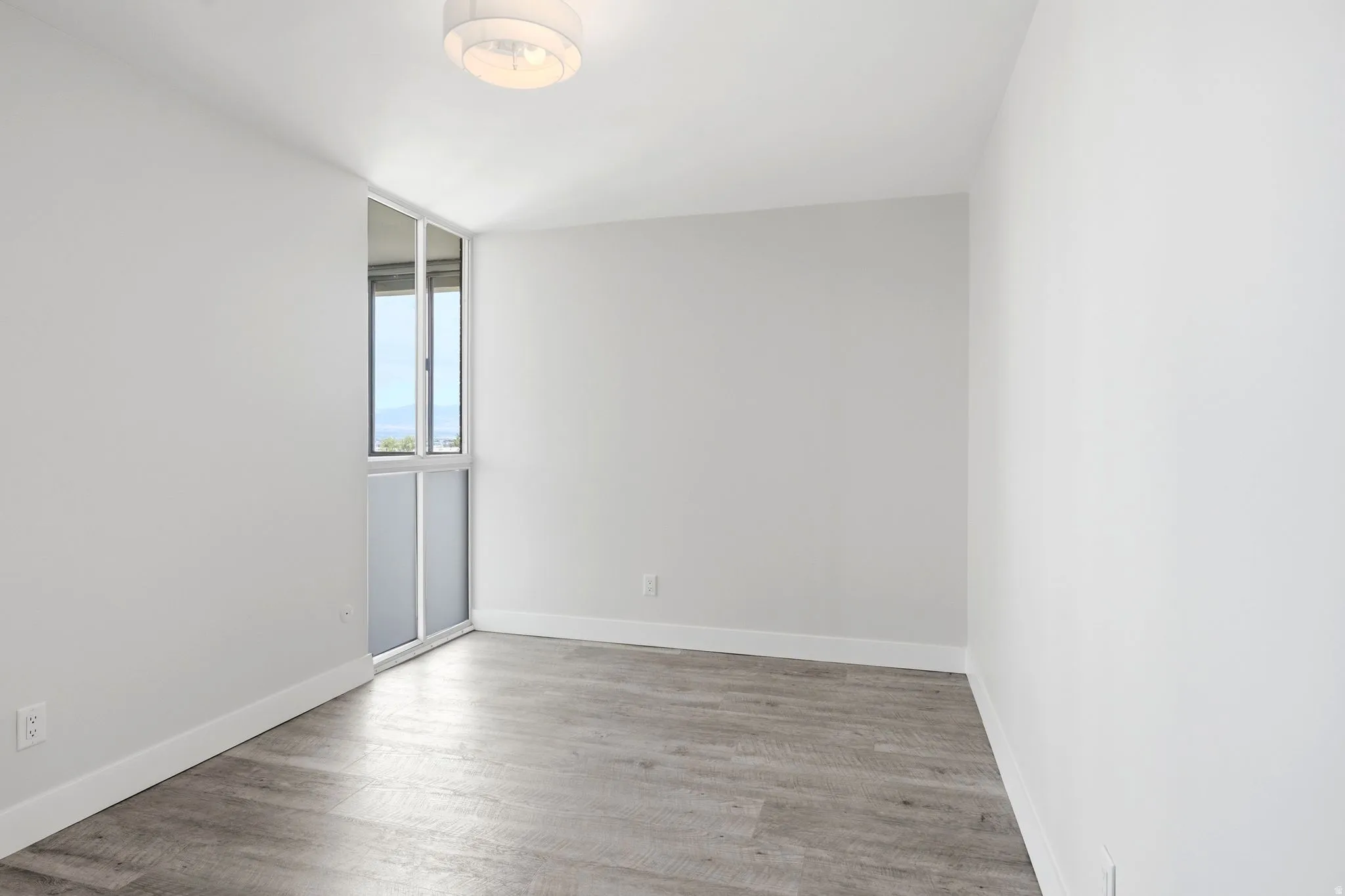 Spacious room featuring wood-finish flooring, white baseboards, and light gray walls