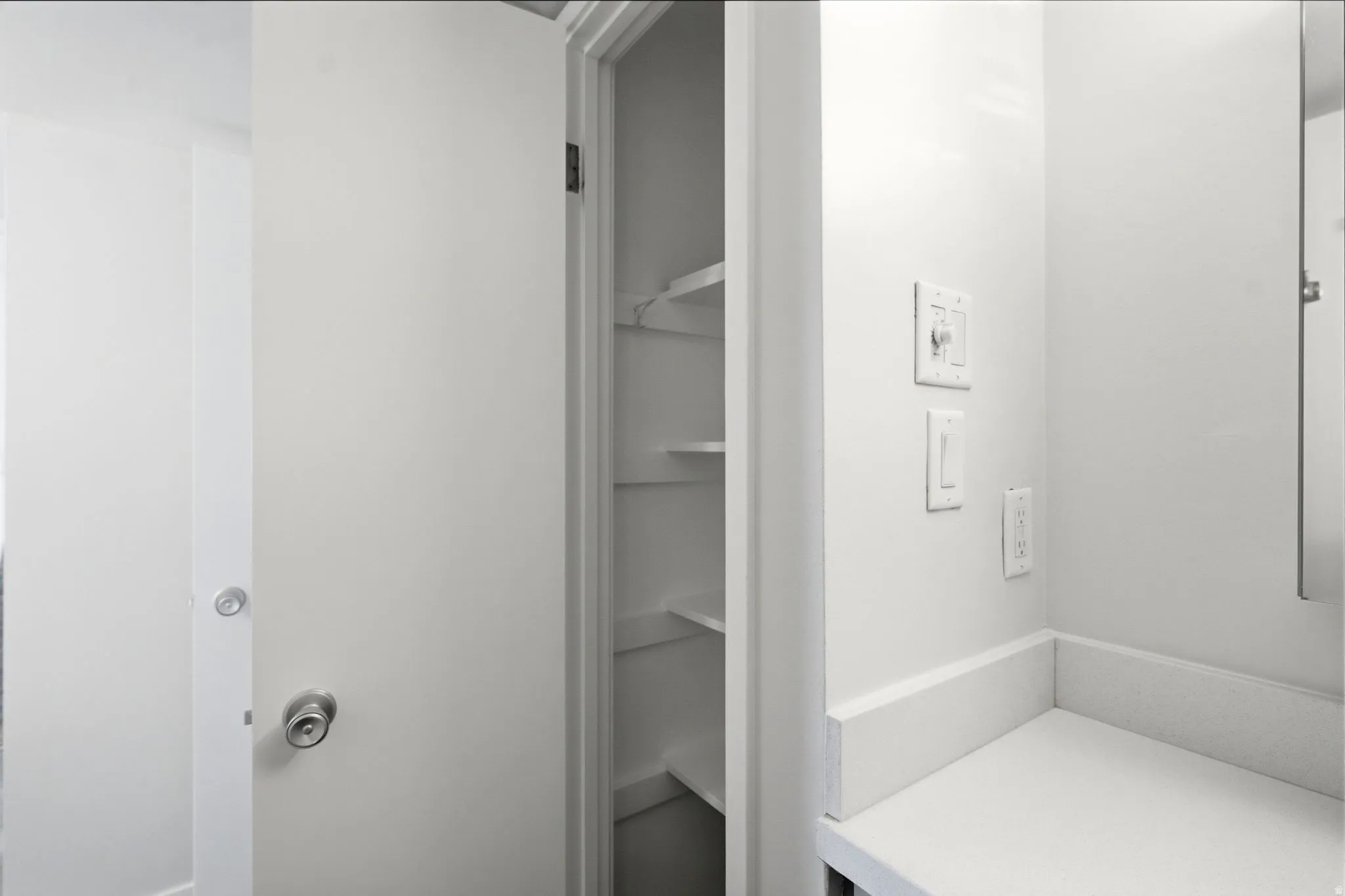 Built-in shelving unit providing storage, complemented by a white countertop, wall-mounted light switches, and a modern door handle