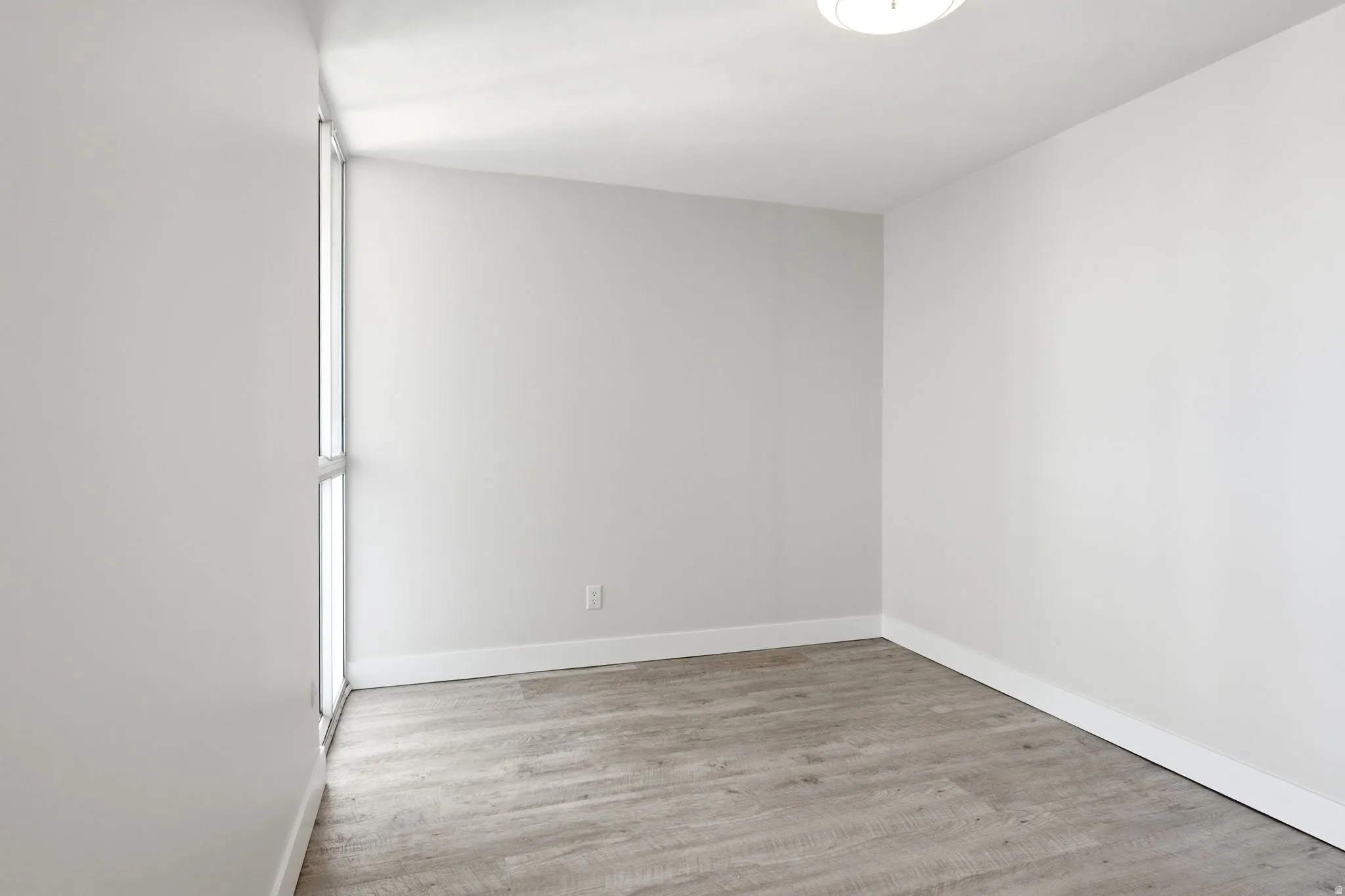 Bright room with light gray walls, wood-finish flooring, a contemporary flush-mount ceiling light, and a tall vertical window