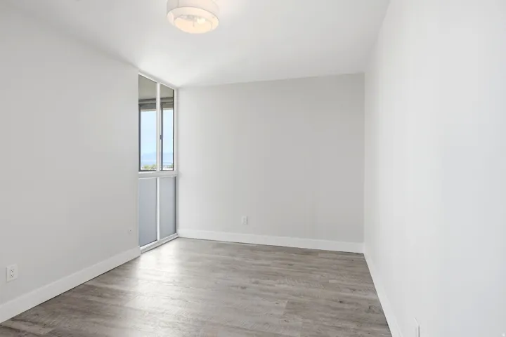 Spacious room featuring wood-finish flooring, white baseboards, and light gray walls
